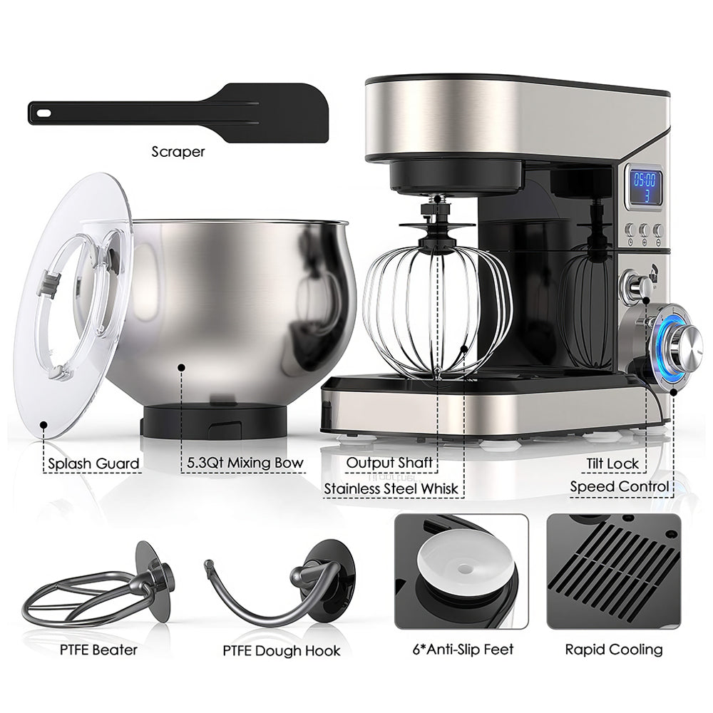 6-in-1 Stand Mixer 6.5QT, LCD Display Kitchen Mixer with Meat Grinder